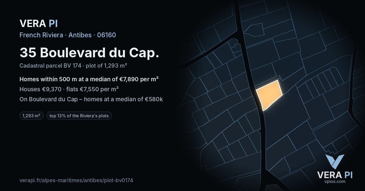 35 Boulevard du Cap, Antibes at night – the plot lit, the parcels around coloured by the prices near them
