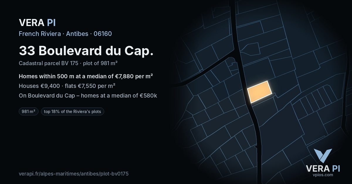 33 Boulevard du Cap, Antibes at night – the plot lit, the parcels around coloured by the prices near them