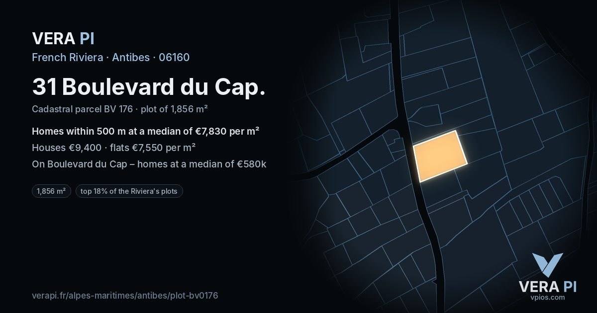 31 Boulevard du Cap, Antibes at night – the plot lit, the parcels around coloured by the prices near them