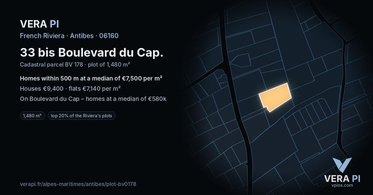 33 bis Boulevard du Cap, Antibes at night – the plot lit, the parcels around coloured by the prices near them