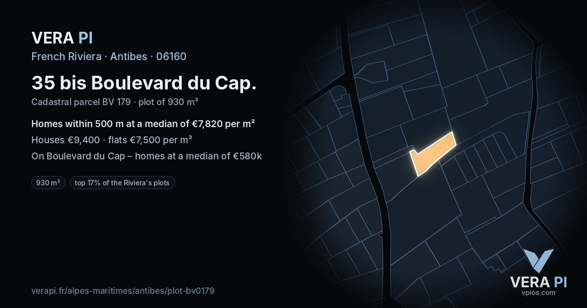 35 bis Boulevard du Cap, Antibes at night – the plot lit, the parcels around coloured by the prices near them