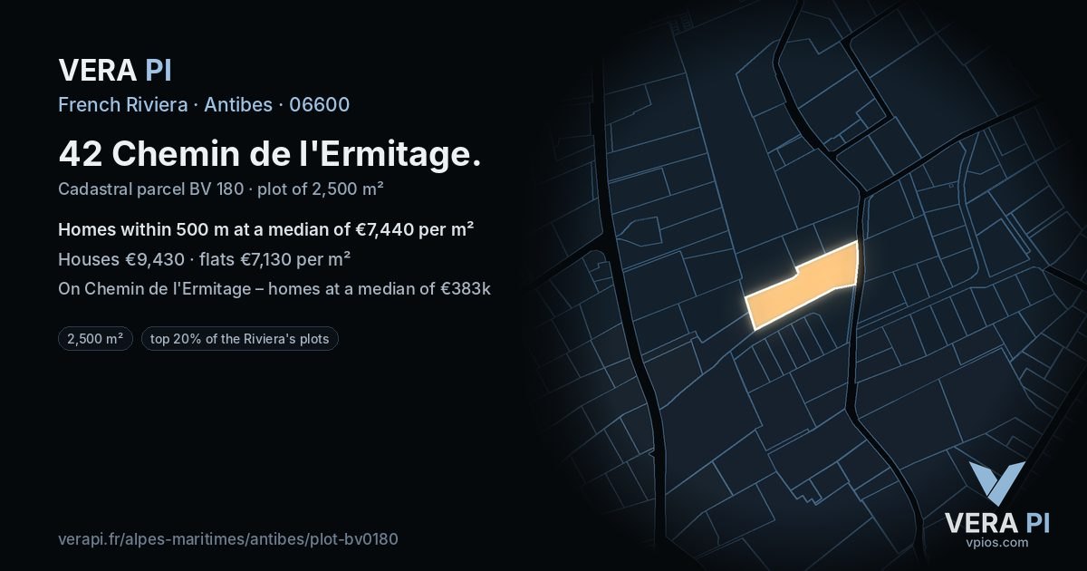 42 Chemin de l'Ermitage, Antibes at night – the plot lit, the parcels around coloured by the prices near them