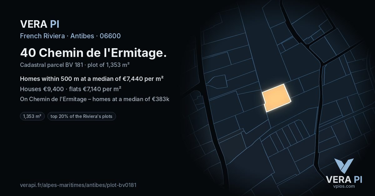 40 Chemin de l'Ermitage, Antibes at night – the plot lit, the parcels around coloured by the prices near them