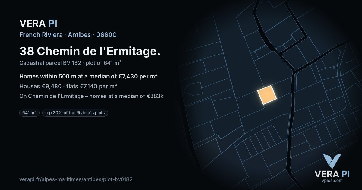 38 Chemin de l'Ermitage, Antibes at night – the plot lit, the parcels around coloured by the prices near them