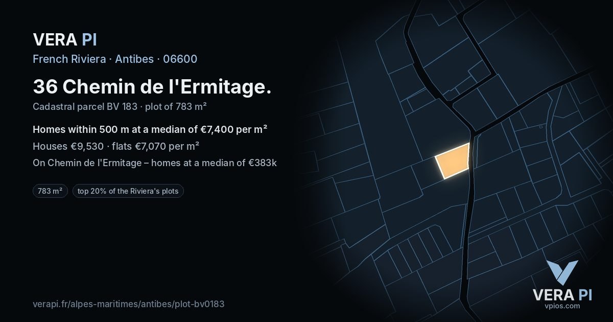 36 Chemin de l'Ermitage, Antibes at night – the plot lit, the parcels around coloured by the prices near them