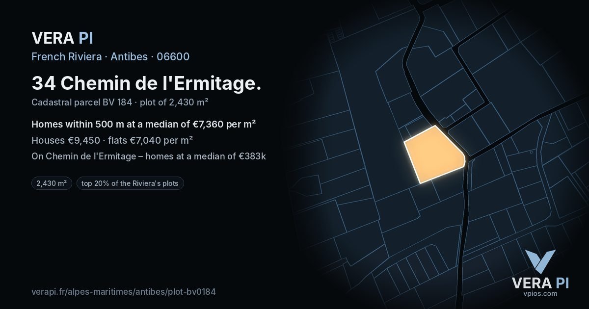 34 Chemin de l'Ermitage, Antibes at night – the plot lit, the parcels around coloured by the prices near them