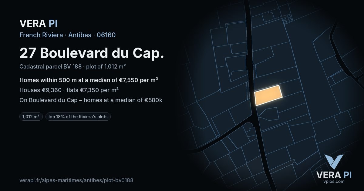 27 Boulevard du Cap, Antibes at night – the plot lit, the parcels around coloured by the prices near them