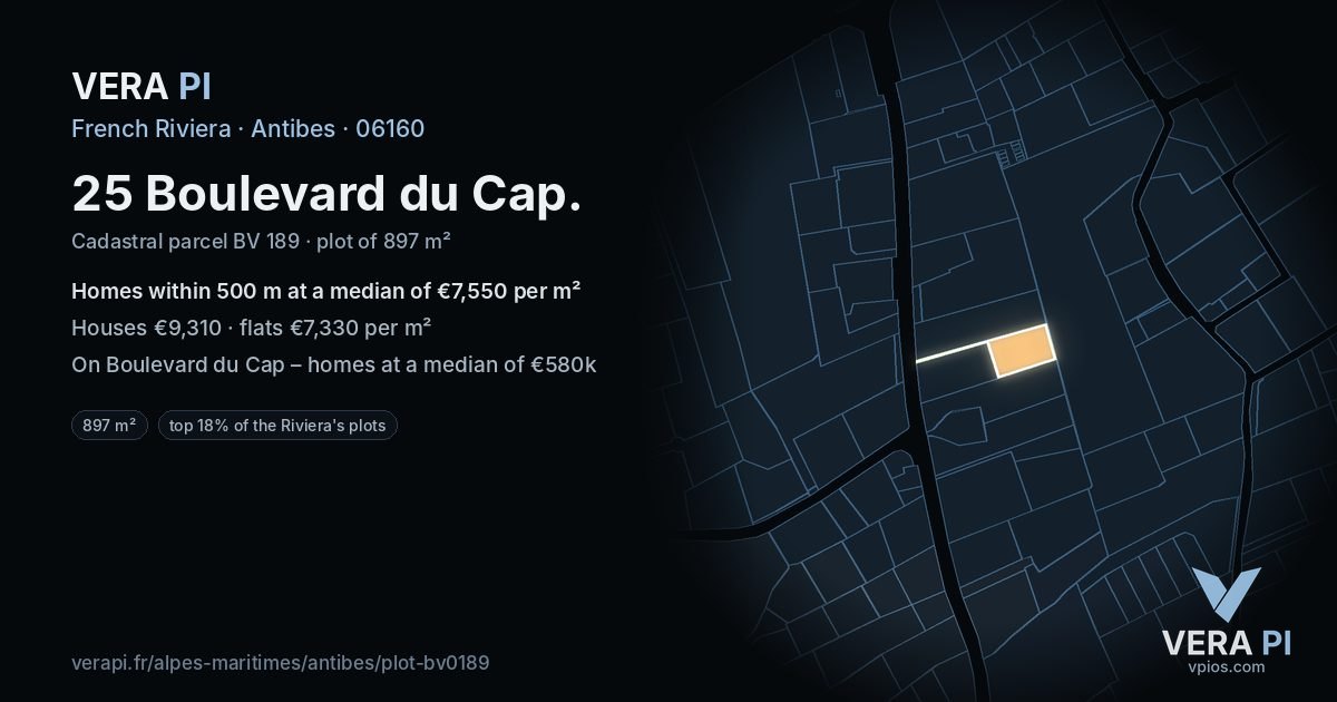 25 Boulevard du Cap, Antibes at night – the plot lit, the parcels around coloured by the prices near them