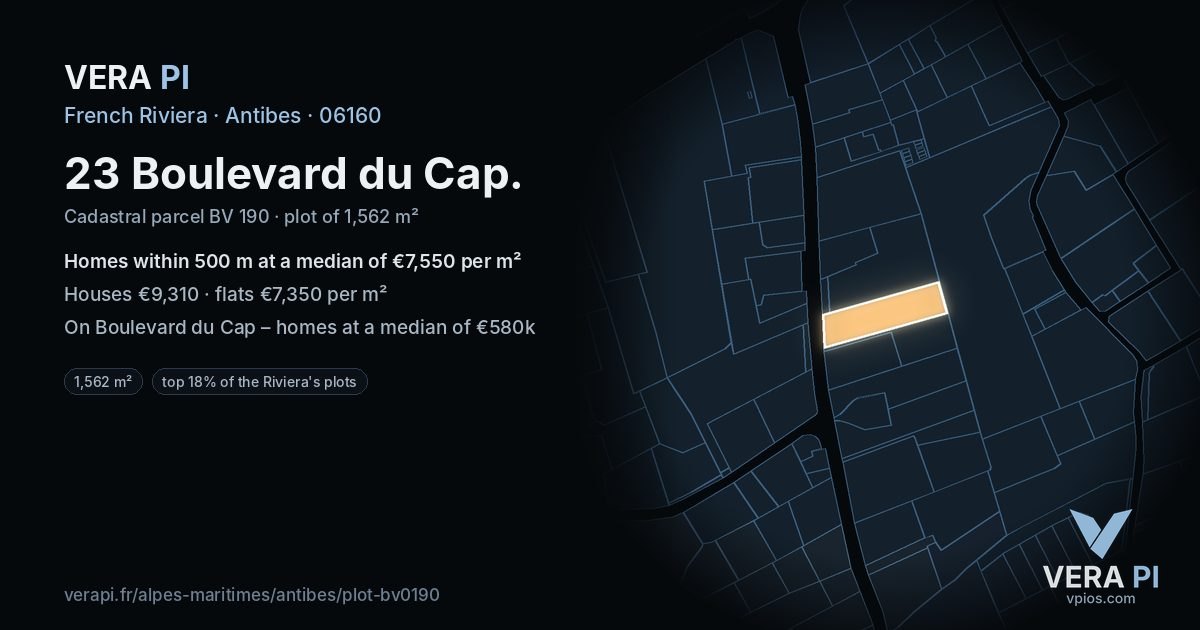 23 Boulevard du Cap, Antibes at night – the plot lit, the parcels around coloured by the prices near them