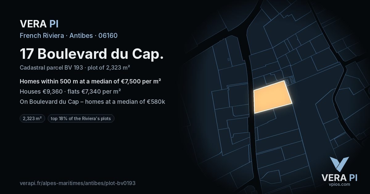 17 Boulevard du Cap, Antibes at night – the plot lit, the parcels around coloured by the prices near them