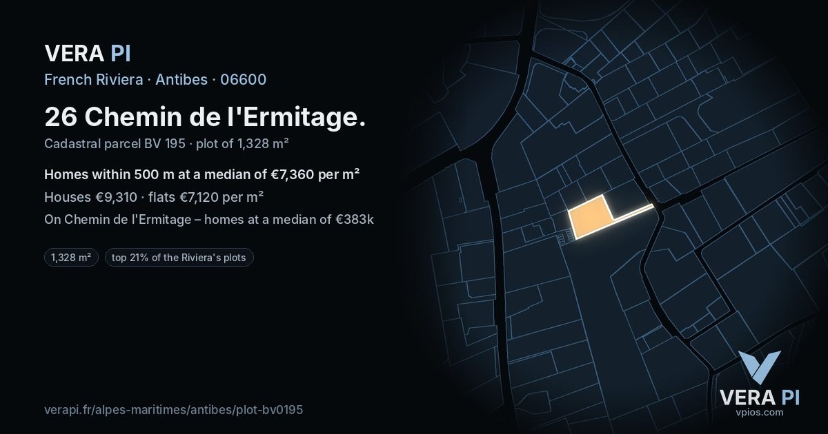 26 Chemin de l'Ermitage, Antibes at night – the plot lit, the parcels around coloured by the prices near them