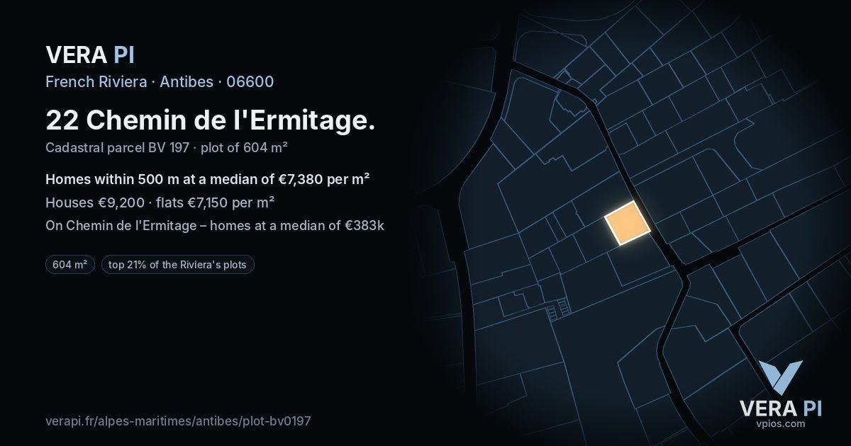 22 Chemin de l'Ermitage, Antibes at night – the plot lit, the parcels around coloured by the prices near them