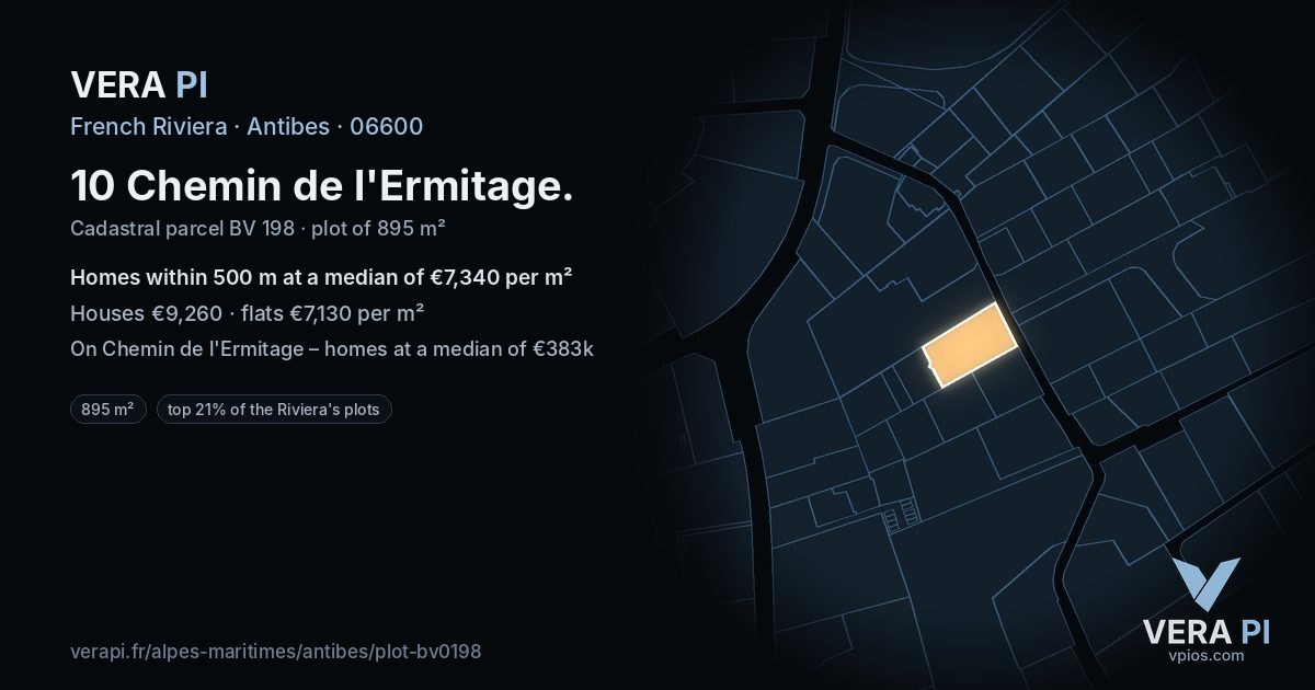 10 Chemin de l'Ermitage, Antibes at night – the plot lit, the parcels around coloured by the prices near them