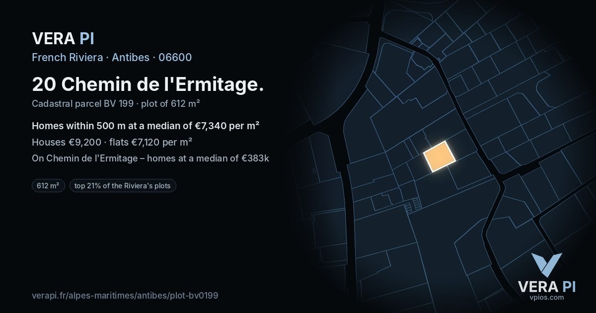 20 Chemin de l'Ermitage, Antibes at night – the plot lit, the parcels around coloured by the prices near them