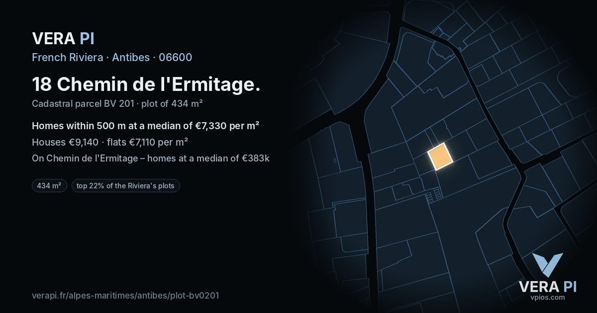 18 Chemin de l'Ermitage, Antibes at night – the plot lit, the parcels around coloured by the prices near them