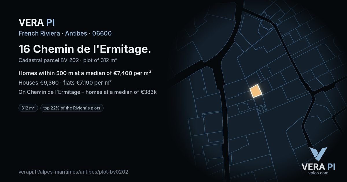 16 Chemin de l'Ermitage, Antibes at night – the plot lit, the parcels around coloured by the prices near them