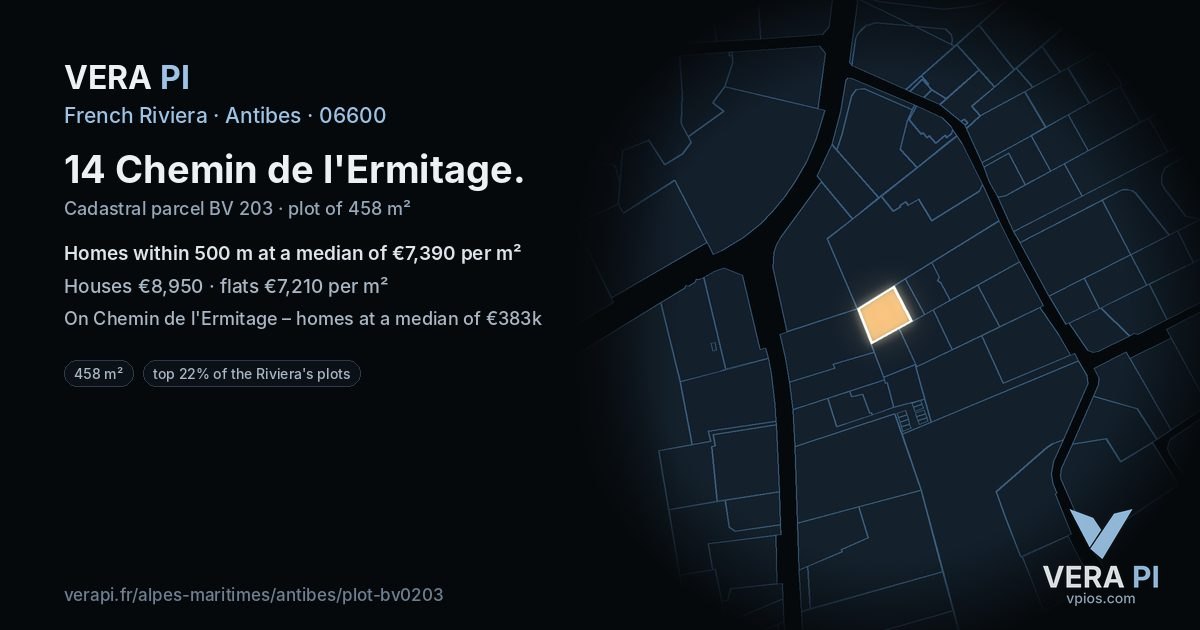 14 Chemin de l'Ermitage, Antibes at night – the plot lit, the parcels around coloured by the prices near them