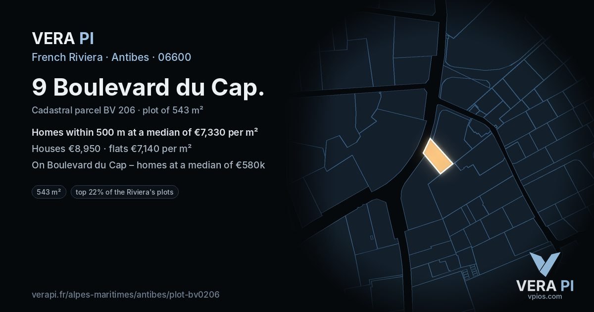 9 Boulevard du Cap, Antibes at night – the plot lit, the parcels around coloured by the prices near them