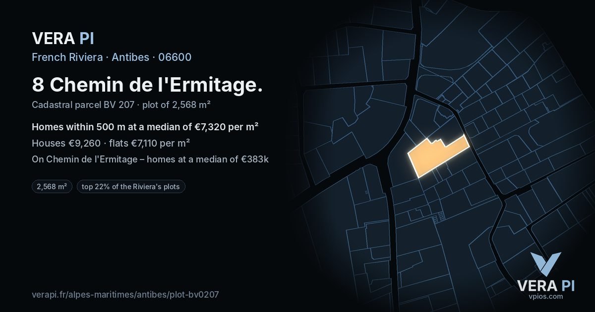 8 Chemin de l'Ermitage, Antibes at night – the plot lit, the parcels around coloured by the prices near them