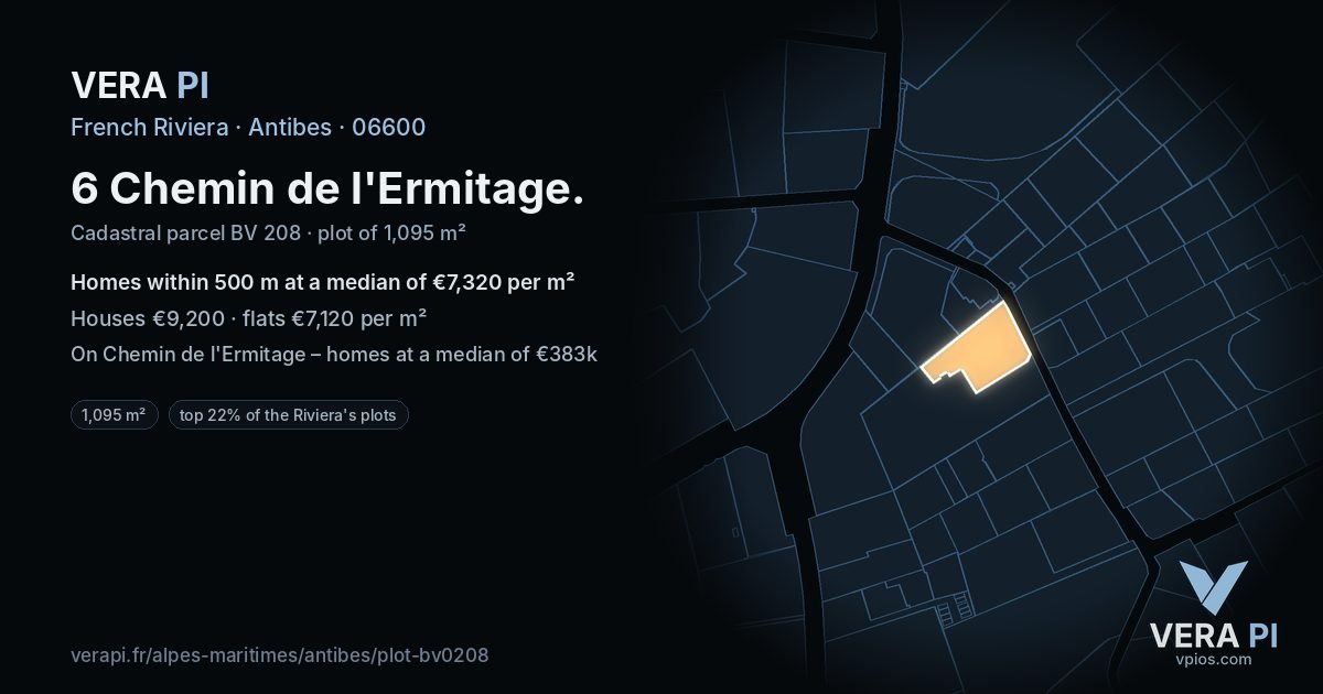 6 Chemin de l'Ermitage, Antibes at night – the plot lit, the parcels around coloured by the prices near them