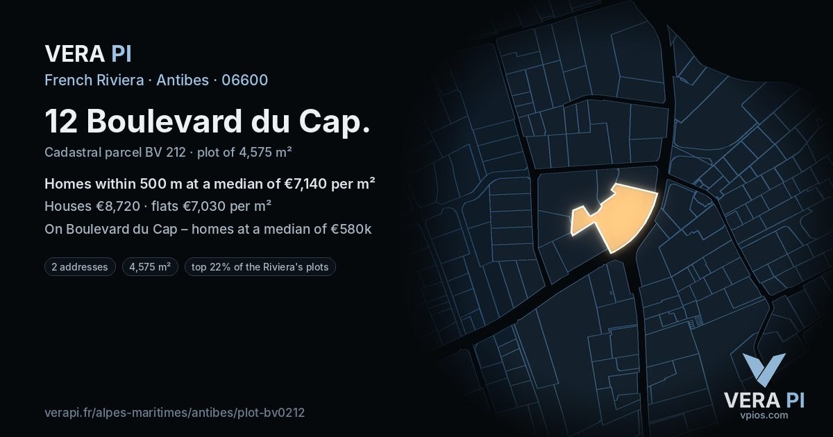 12 Boulevard du Cap, Antibes at night – the plot lit, the parcels around coloured by the prices near them