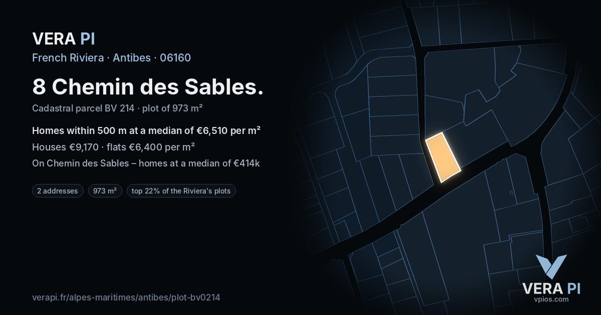 8 Chemin des Sables, Antibes at night – the plot lit, the parcels around coloured by the prices near them