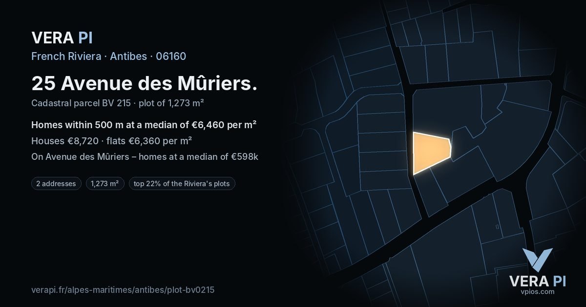 25 Avenue des Mûriers, Antibes at night – the plot lit, the parcels around coloured by the prices near them
