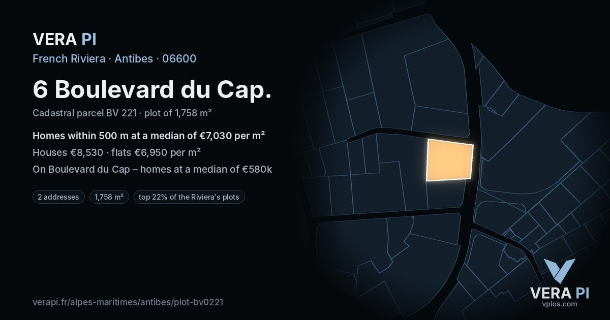 6 Boulevard du Cap, Antibes at night – the plot lit, the parcels around coloured by the prices near them