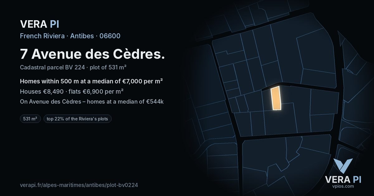 7 Avenue des Cèdres, Antibes at night – the plot lit, the parcels around coloured by the prices near them