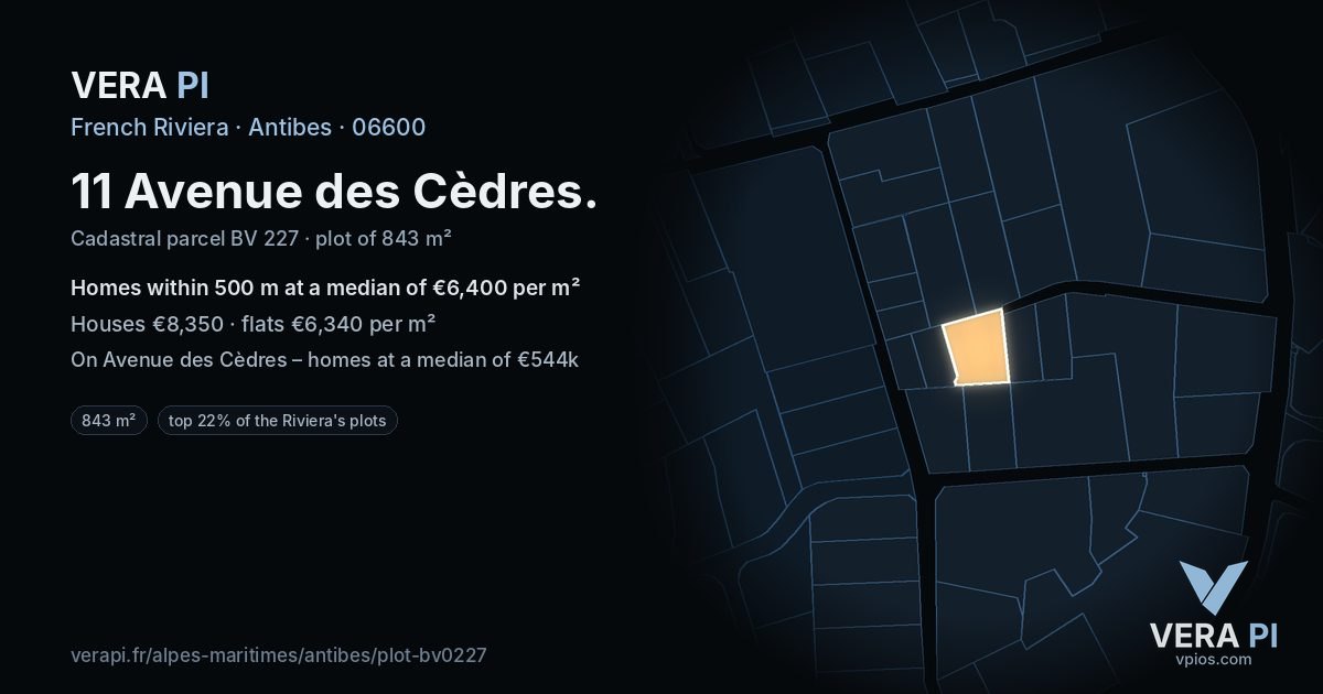 11 Avenue des Cèdres, Antibes at night – the plot lit, the parcels around coloured by the prices near them