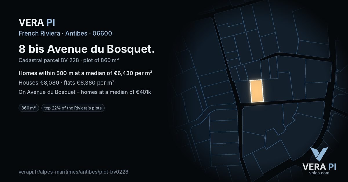 8 bis Avenue du Bosquet, Antibes at night – the plot lit, the parcels around coloured by the prices near them