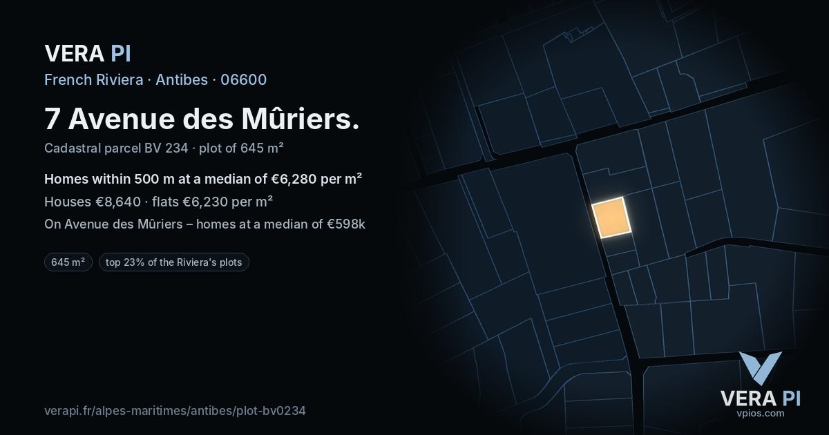 7 Avenue des Mûriers, Antibes at night – the plot lit, the parcels around coloured by the prices near them