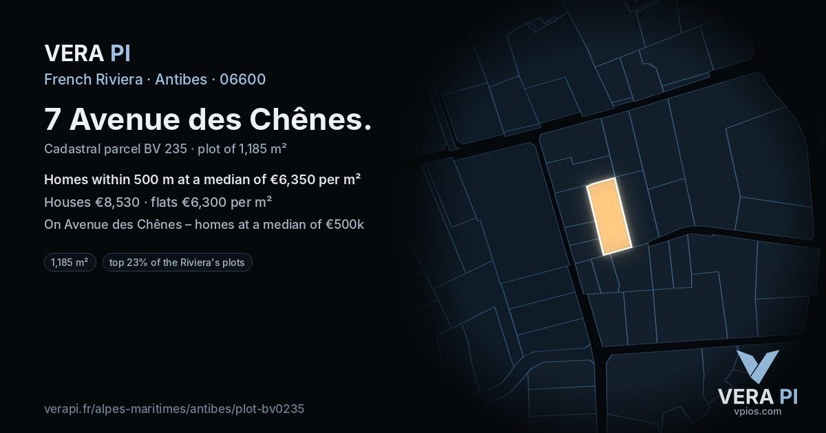 7 Avenue des Chênes, Antibes at night – the plot lit, the parcels around coloured by the prices near them