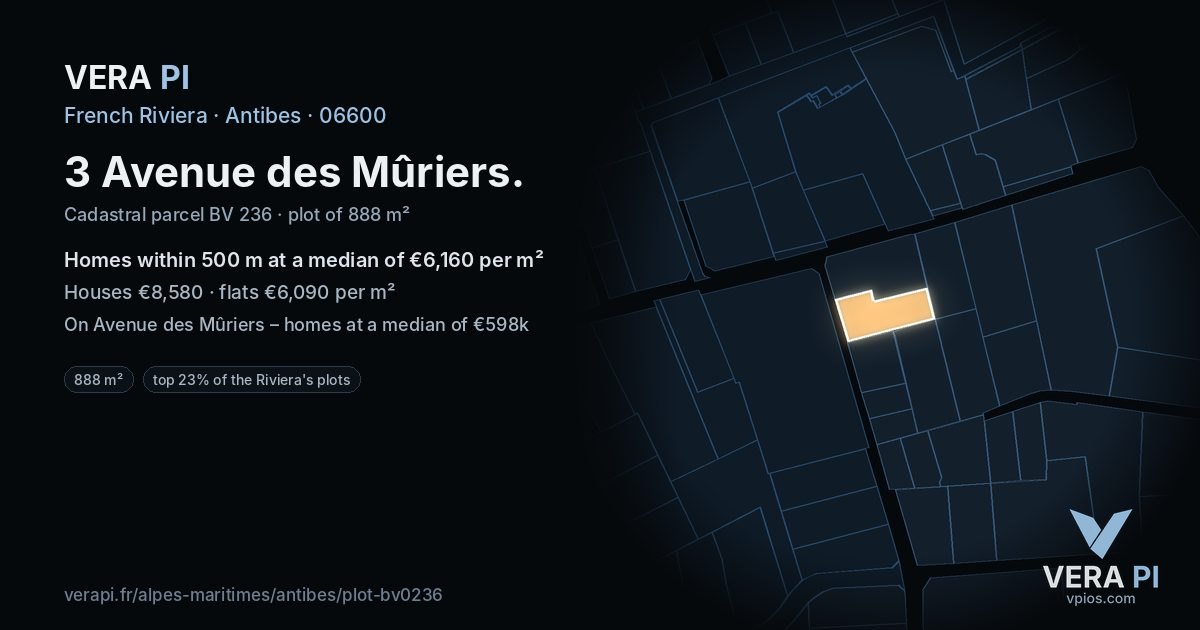 3 Avenue des Mûriers, Antibes at night – the plot lit, the parcels around coloured by the prices near them