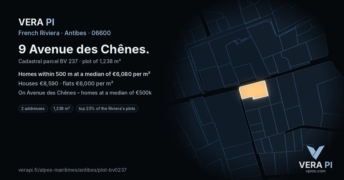 9 Avenue des Chênes, Antibes at night – the plot lit, the parcels around coloured by the prices near them