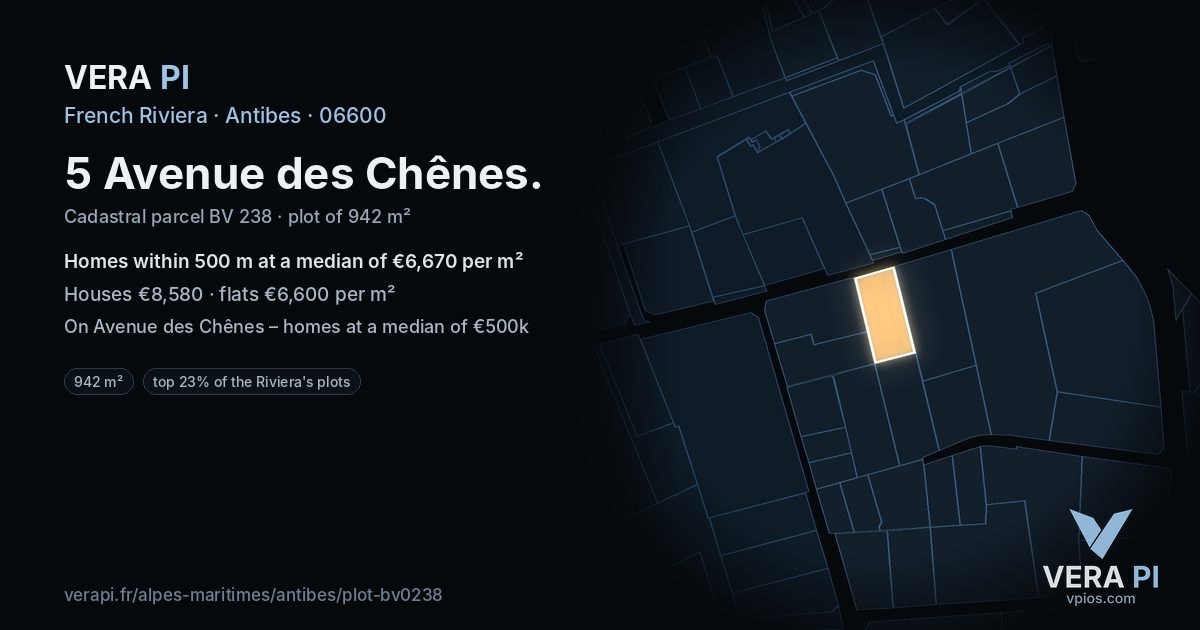 5 Avenue des Chênes, Antibes at night – the plot lit, the parcels around coloured by the prices near them