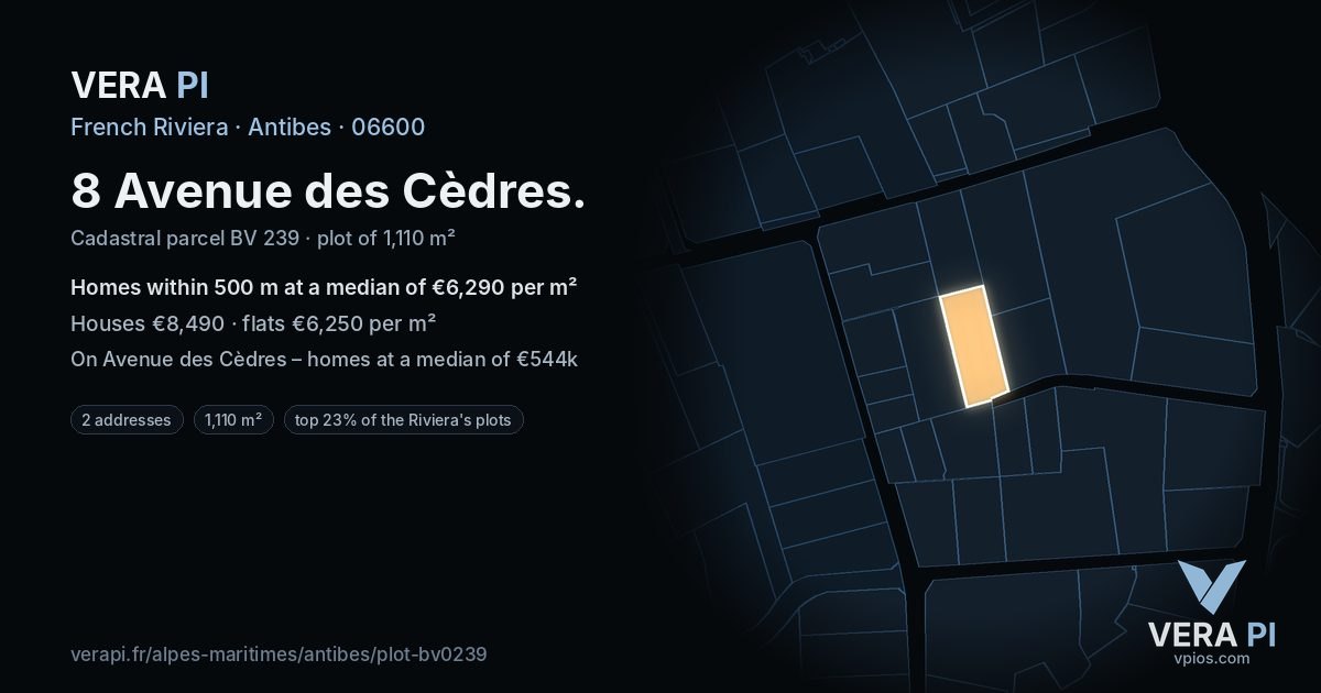 8 Avenue des Cèdres, Antibes at night – the plot lit, the parcels around coloured by the prices near them