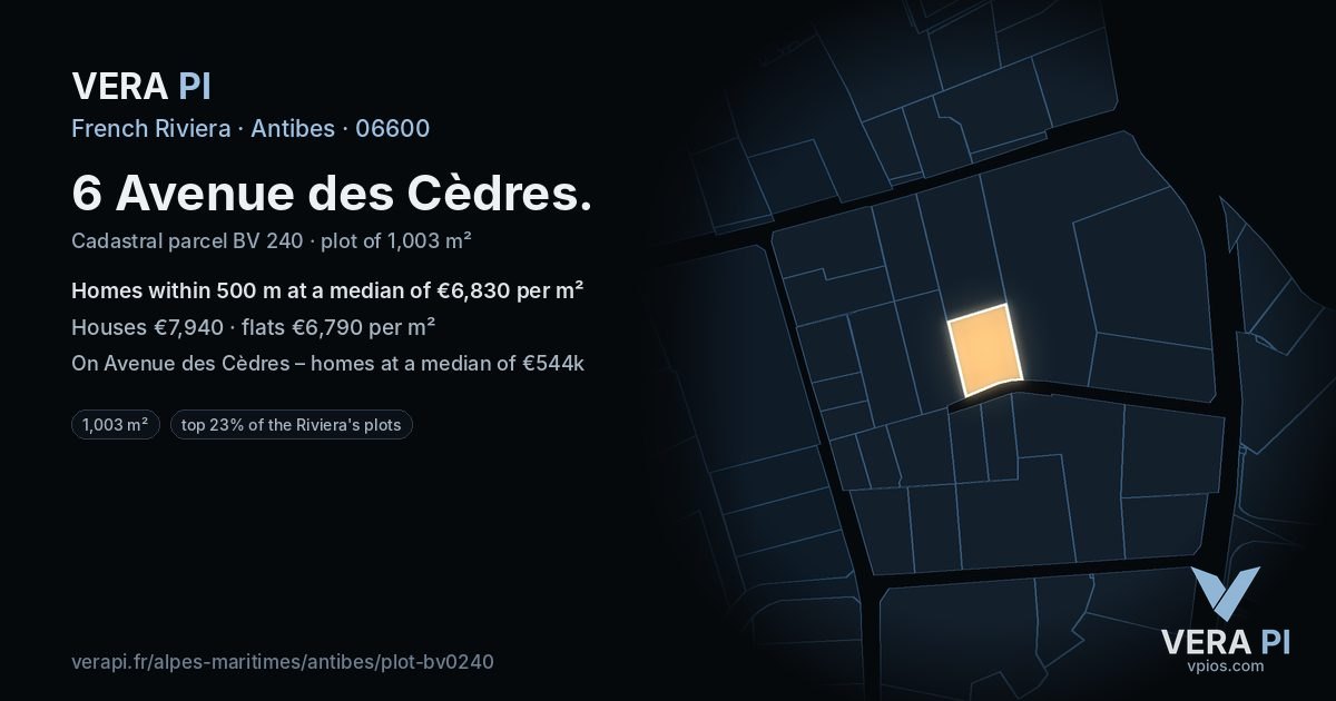 6 Avenue des Cèdres, Antibes at night – the plot lit, the parcels around coloured by the prices near them