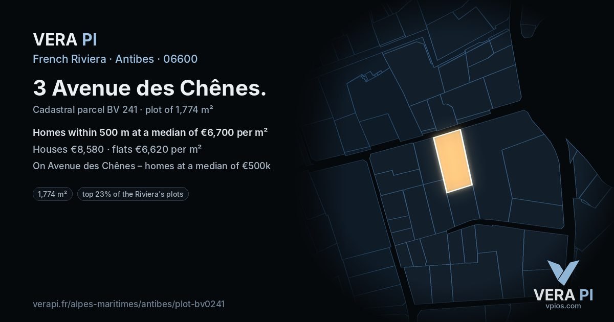 3 Avenue des Chênes, Antibes at night – the plot lit, the parcels around coloured by the prices near them