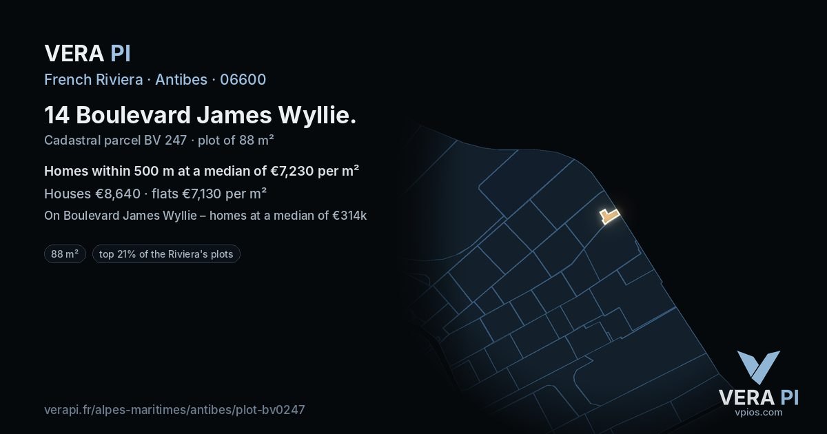 14 Boulevard James Wyllie, Antibes at night – the plot lit, the parcels around coloured by the prices near them