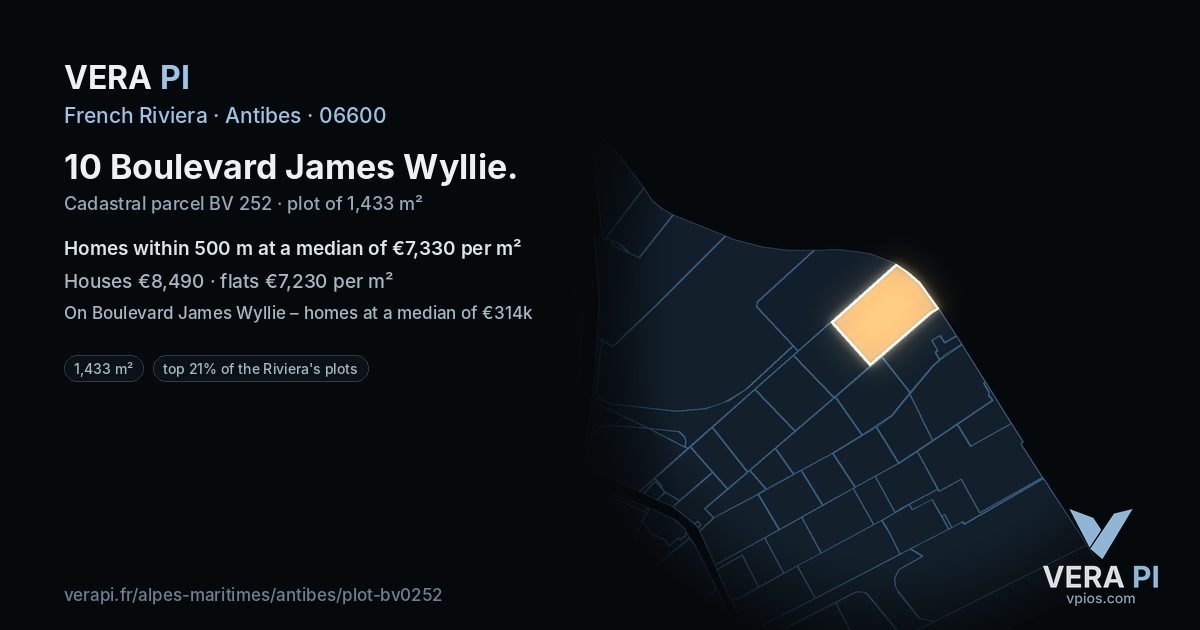 10 Boulevard James Wyllie, Antibes at night – the plot lit, the parcels around coloured by the prices near them