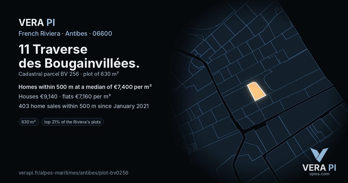 11 Traverse des Bougainvillées, Antibes at night – the plot lit, the parcels around coloured by the prices near them