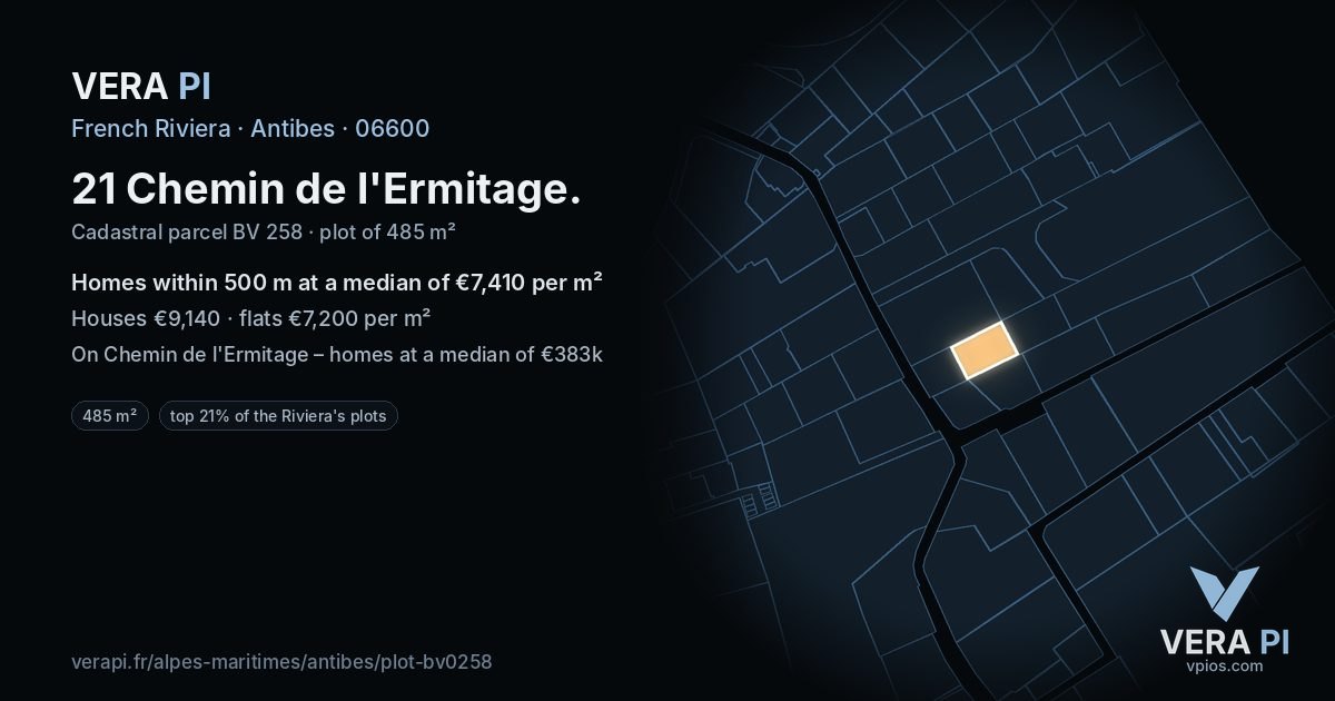 21 Chemin de l'Ermitage, Antibes at night – the plot lit, the parcels around coloured by the prices near them