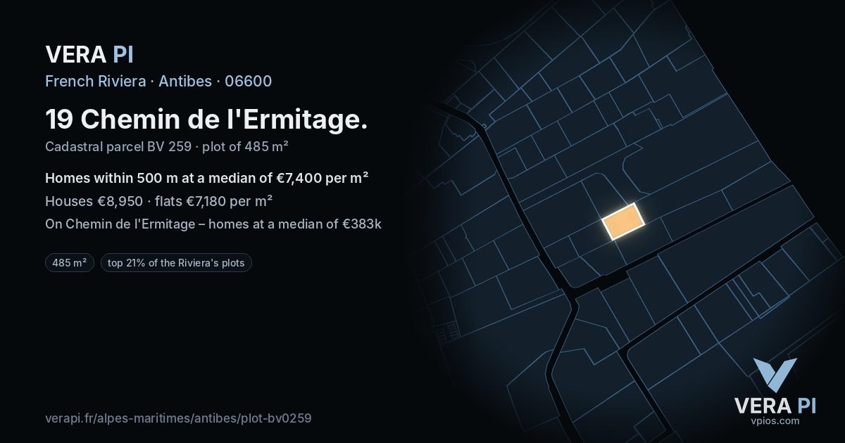 19 Chemin de l'Ermitage, Antibes at night – the plot lit, the parcels around coloured by the prices near them
