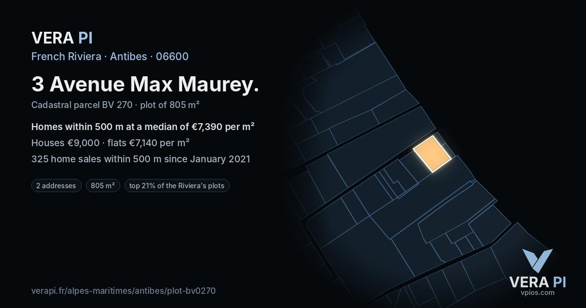 3 Avenue Max Maurey, Antibes at night – the plot lit, the parcels around coloured by the prices near them