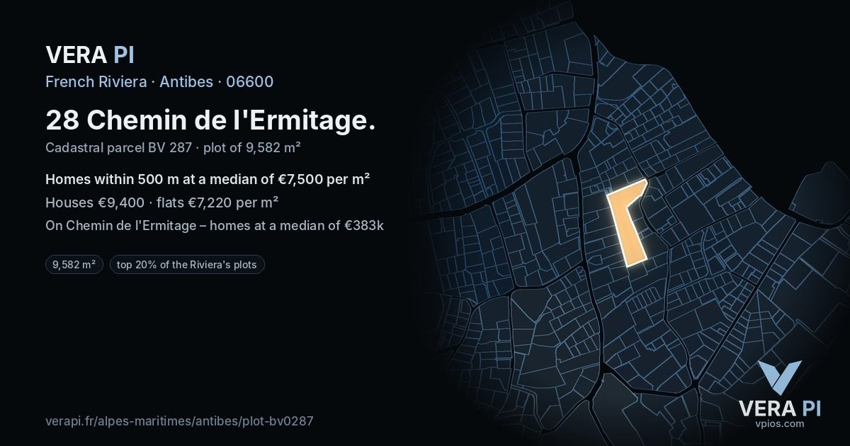 28 Chemin de l'Ermitage, Antibes at night – the plot lit, the parcels around coloured by the prices near them