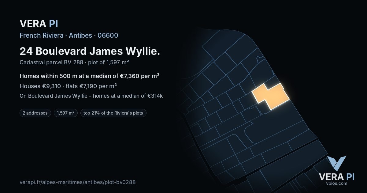 24 Boulevard James Wyllie, Antibes at night – the plot lit, the parcels around coloured by the prices near them