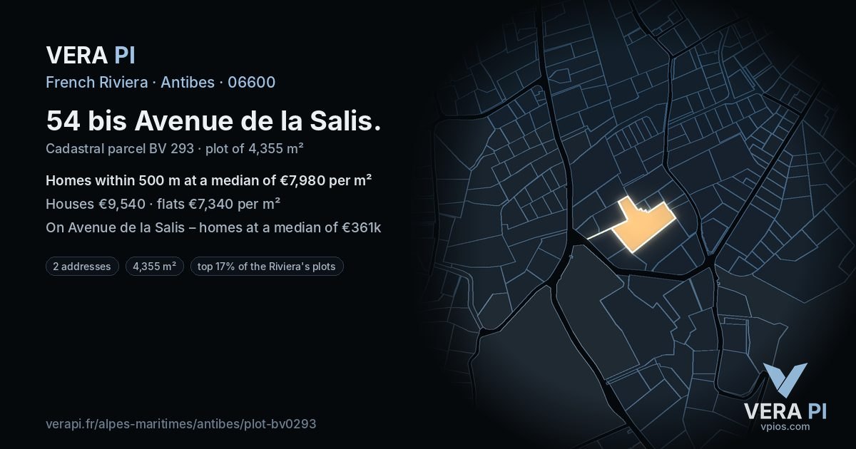 54 bis Avenue de la Salis, Antibes at night – the plot lit, the parcels around coloured by the prices near them