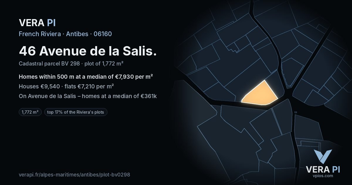 46 Avenue de la Salis, Antibes at night – the plot lit, the parcels around coloured by the prices near them