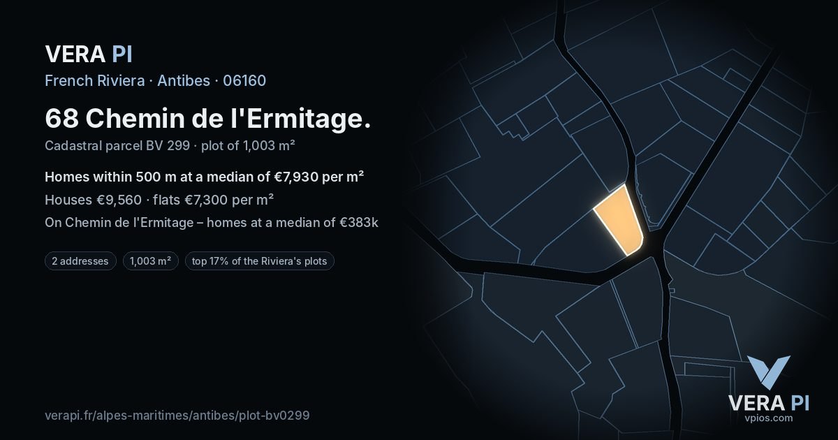 68 Chemin de l'Ermitage, Antibes at night – the plot lit, the parcels around coloured by the prices near them